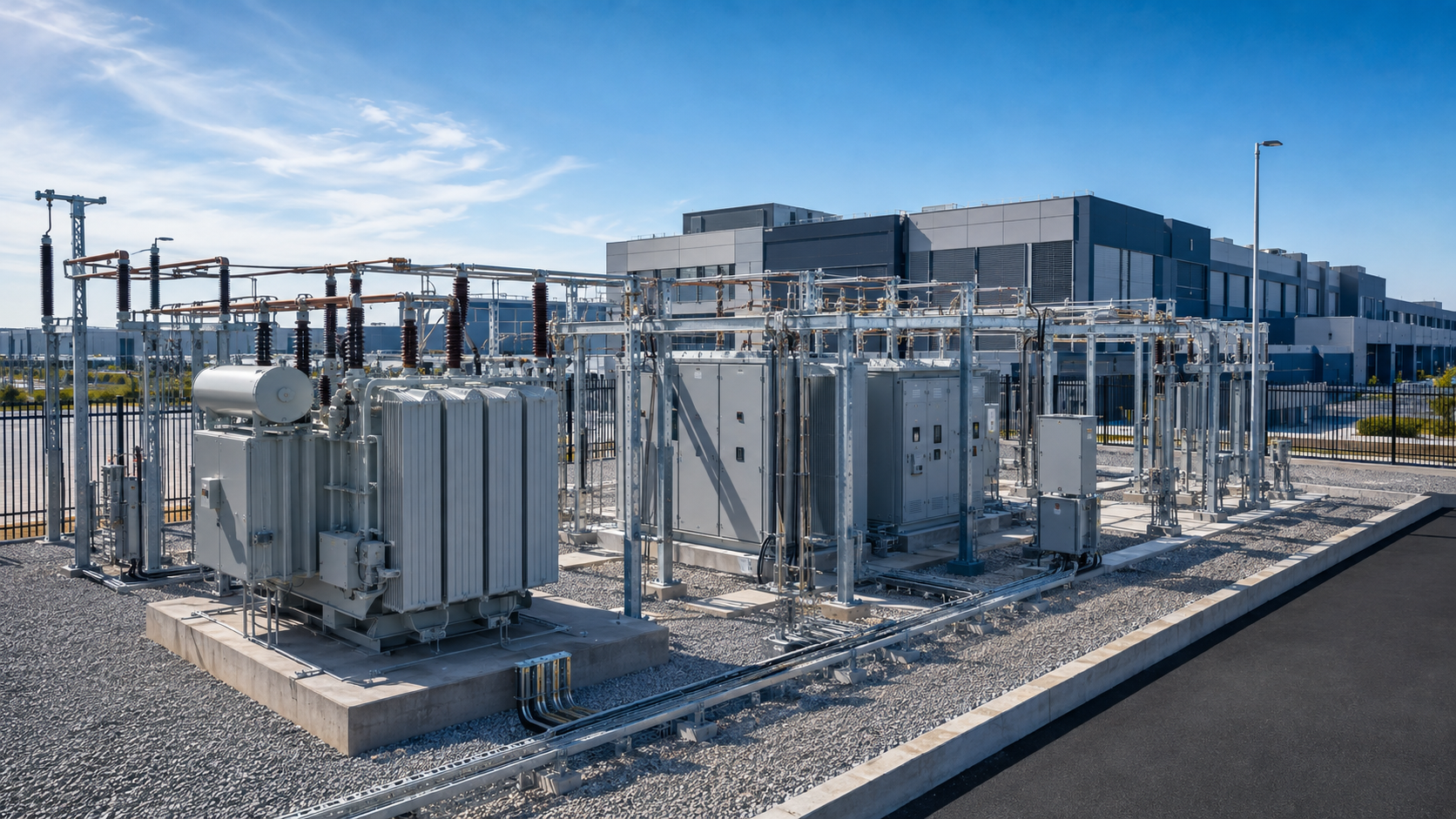 Data center electrical substation with transformers and grid connection equipment