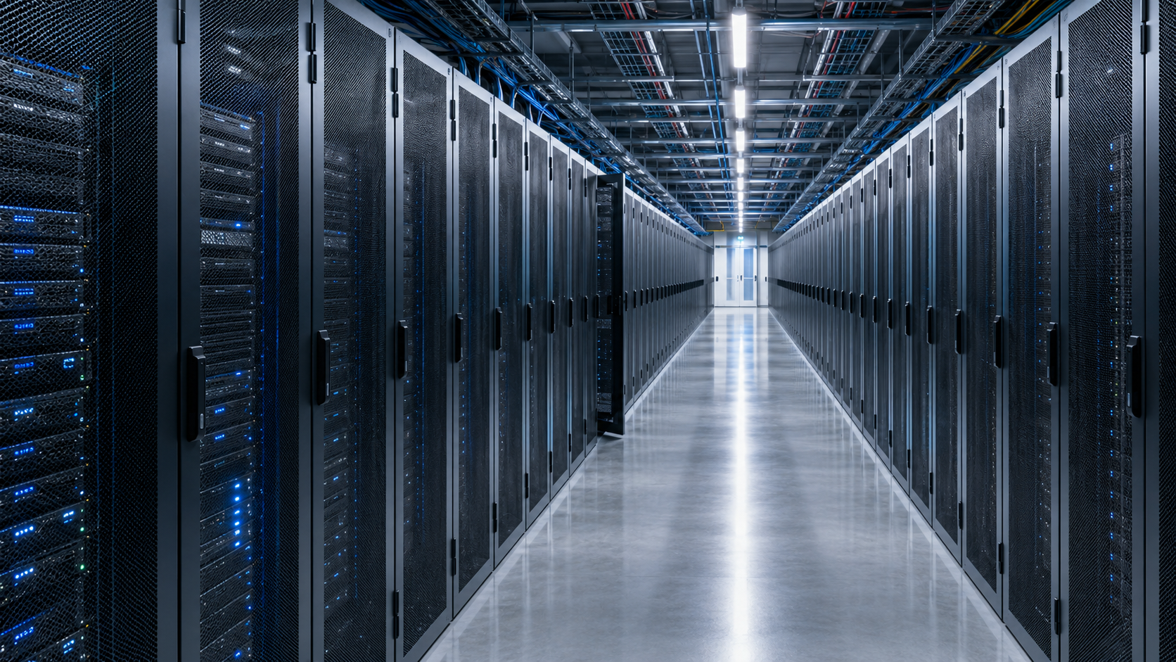 Data center server hall with rows of mission-critical IT racks