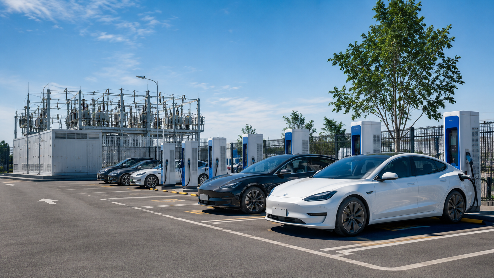 EV charging station with fast chargers, transformers and electrical power infrastructure