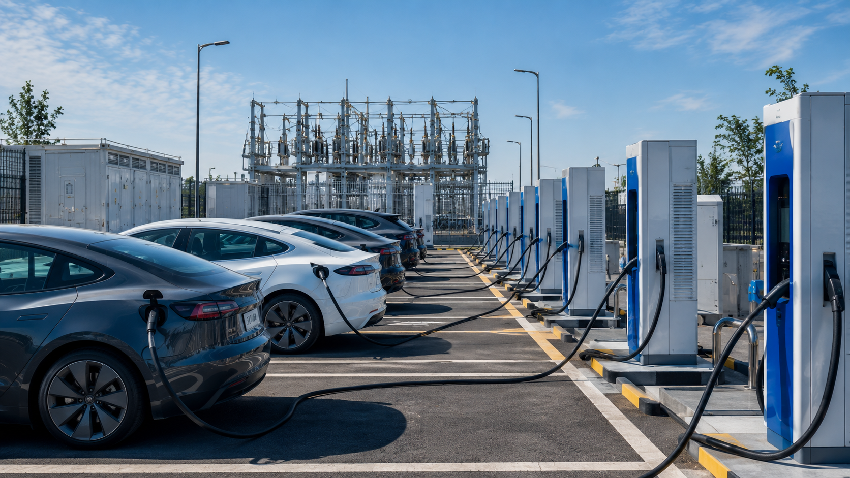 High-power EV charging station with multiple fast chargers and electric vehicles