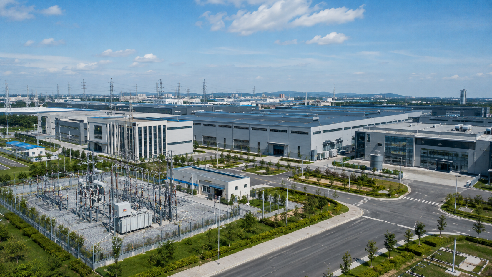 Modern industrial and commercial facilities with electrical power infrastructure