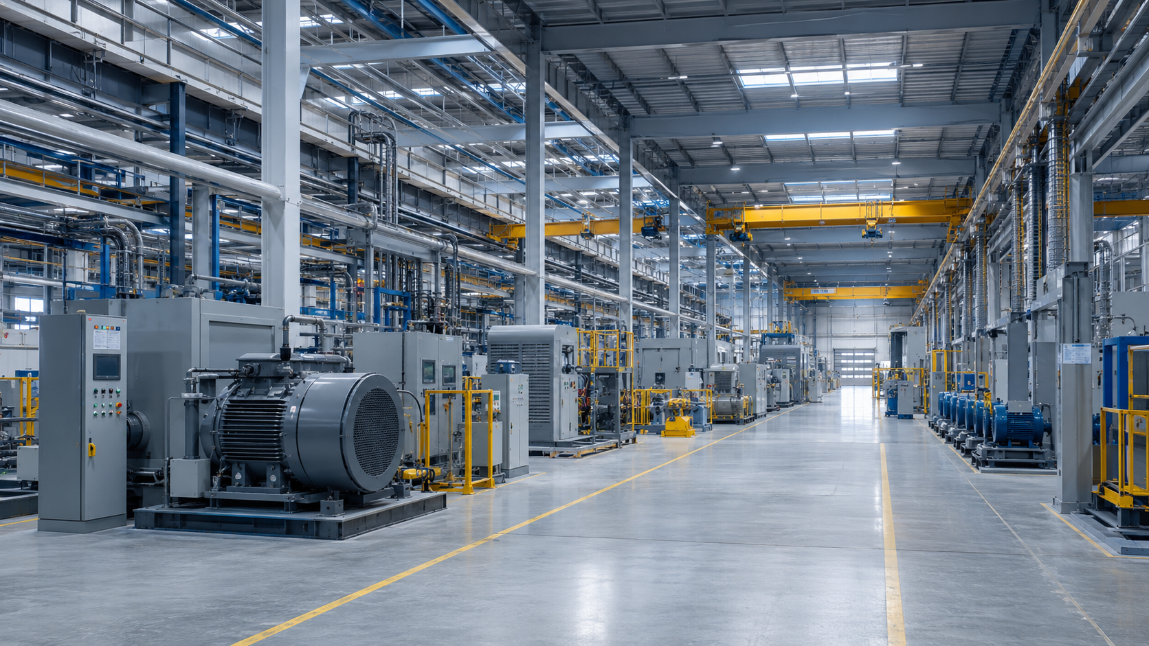 Modern industrial production facility with high-power machinery and electrical loads