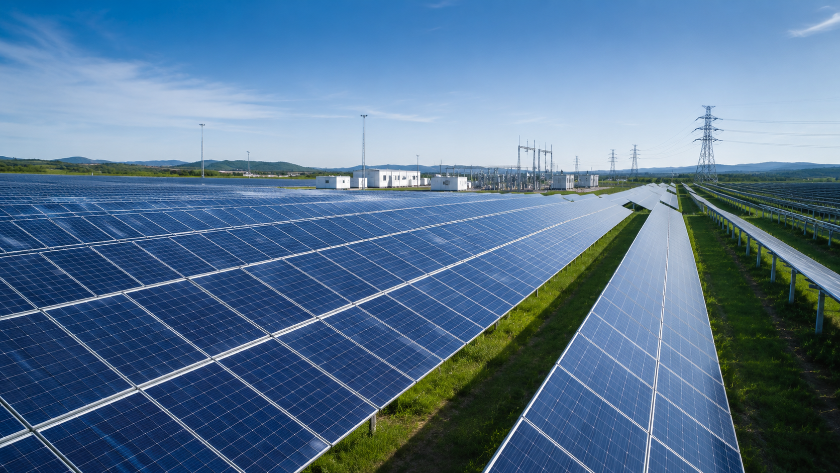 Large solar farm with photovoltaic panels and power transmission infrastructure