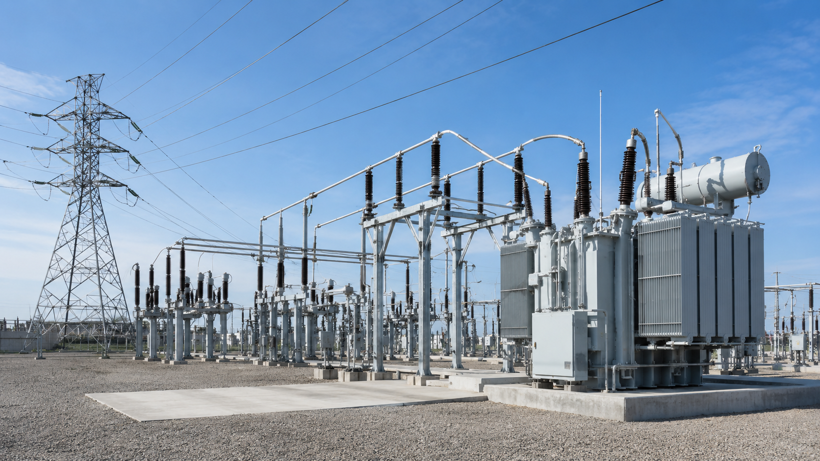 Primary utility substation with power transformer and grid connection equipment