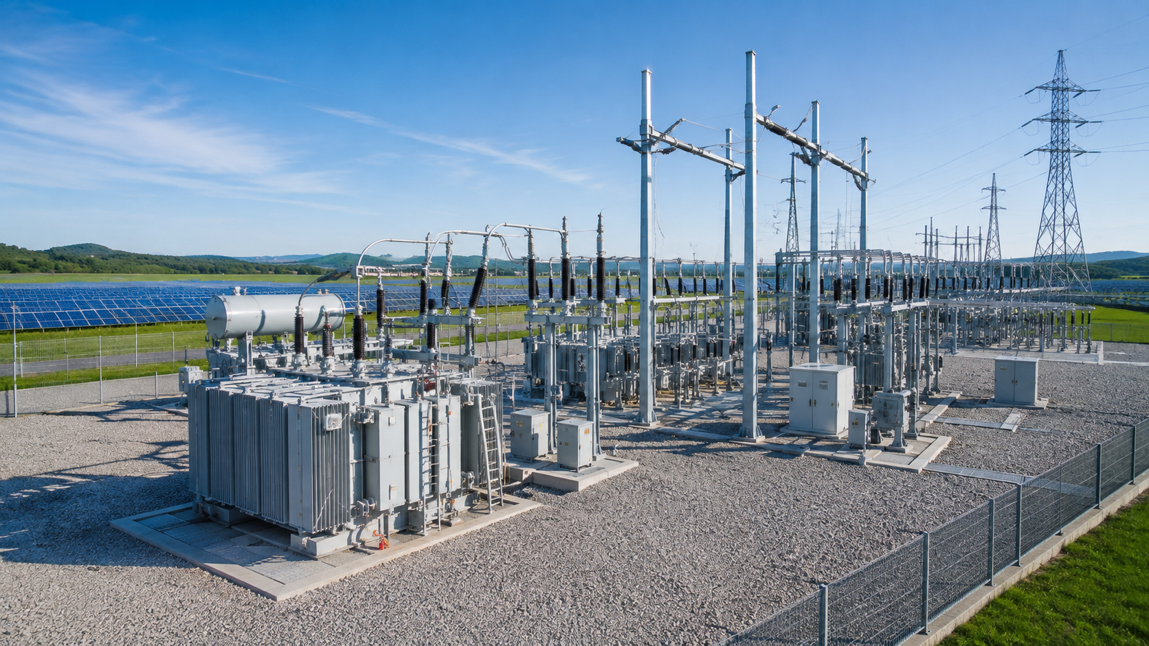 Renewable energy substation with transformers, switchgear and high-voltage equipment