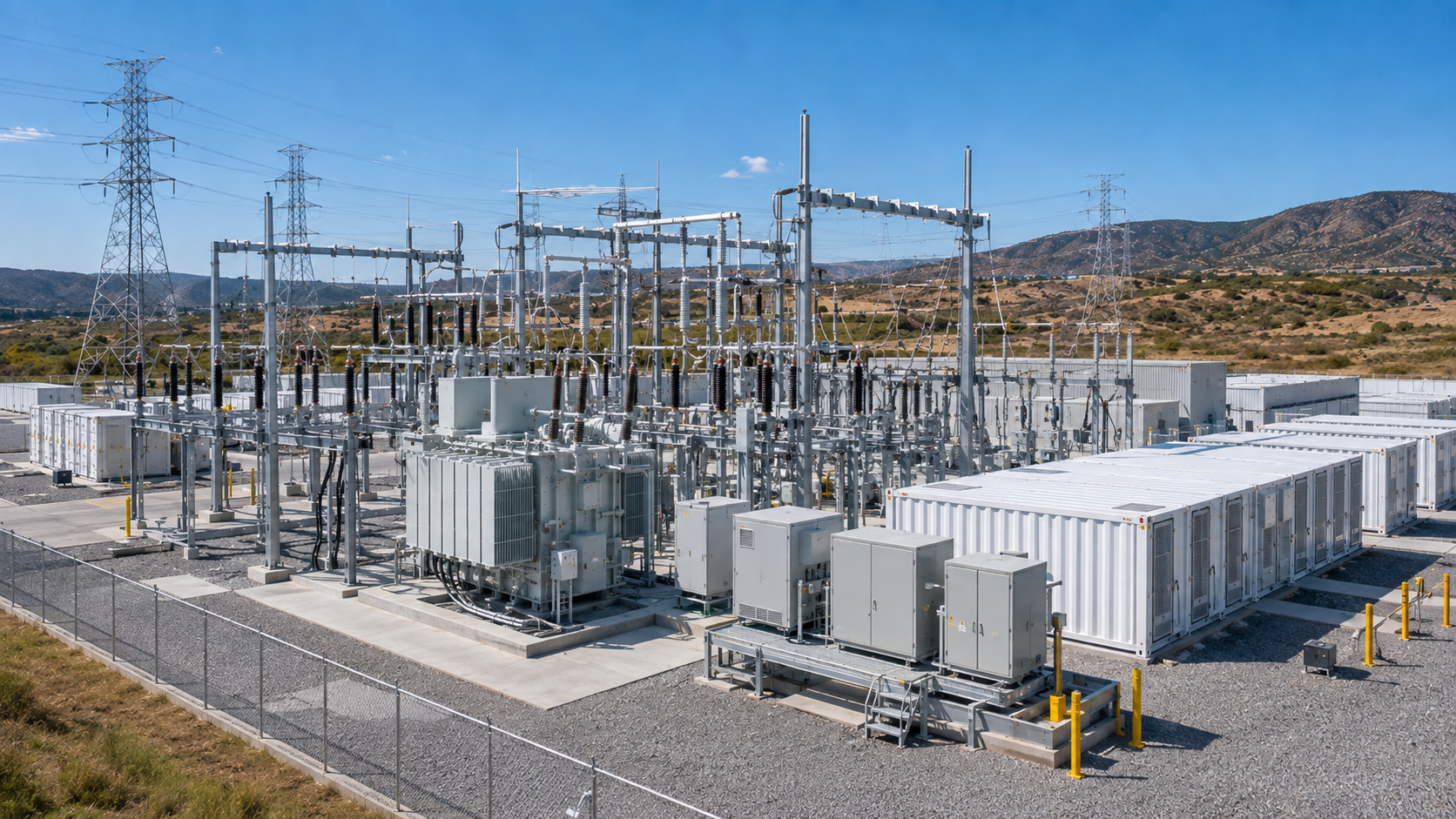 Energy storage substation with transformers switchgear and grid connection equipment