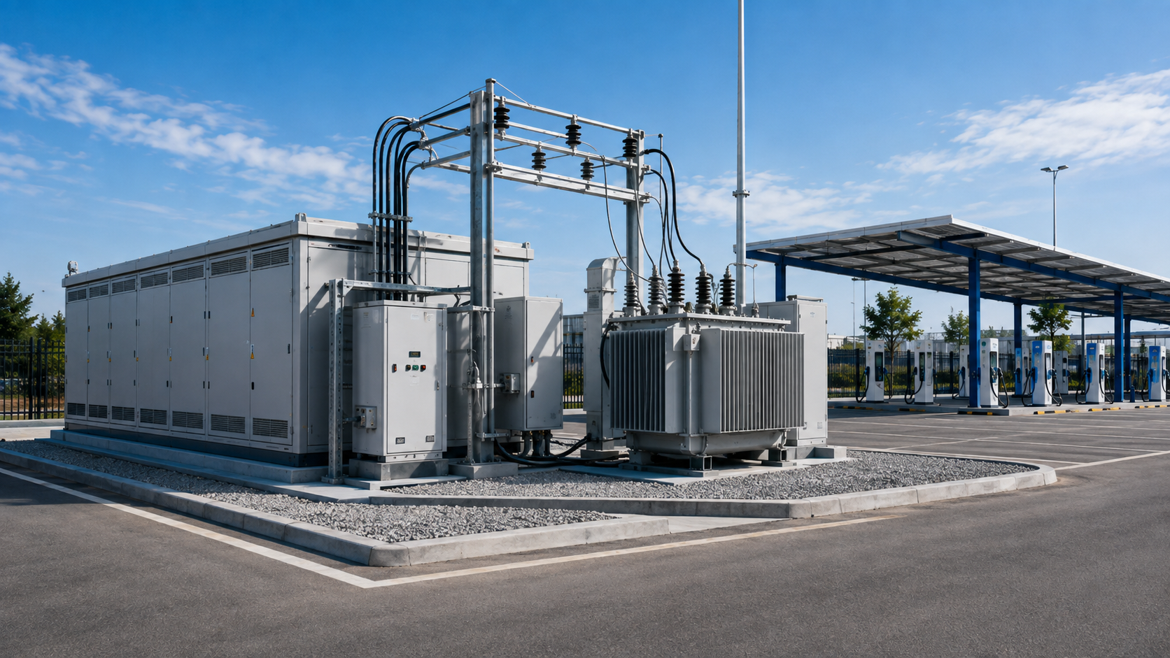 EV charging station substation with transformer switchgear and power distribution equipment