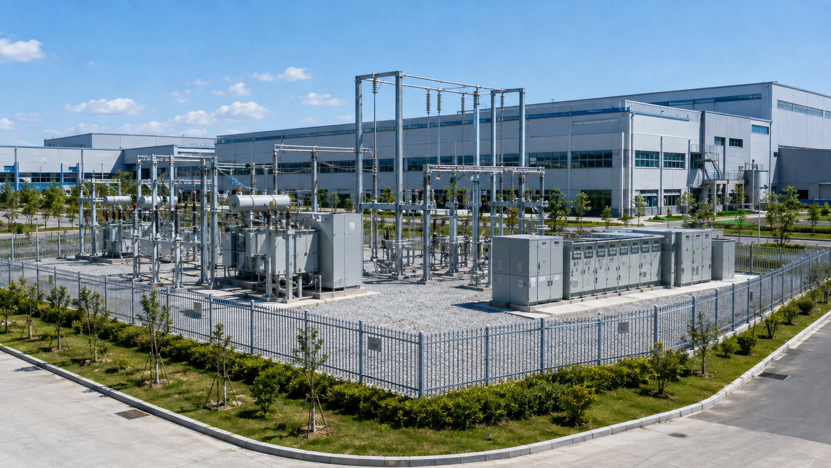 Industrial facility substation with transformers switchgear and power distribution equipment
