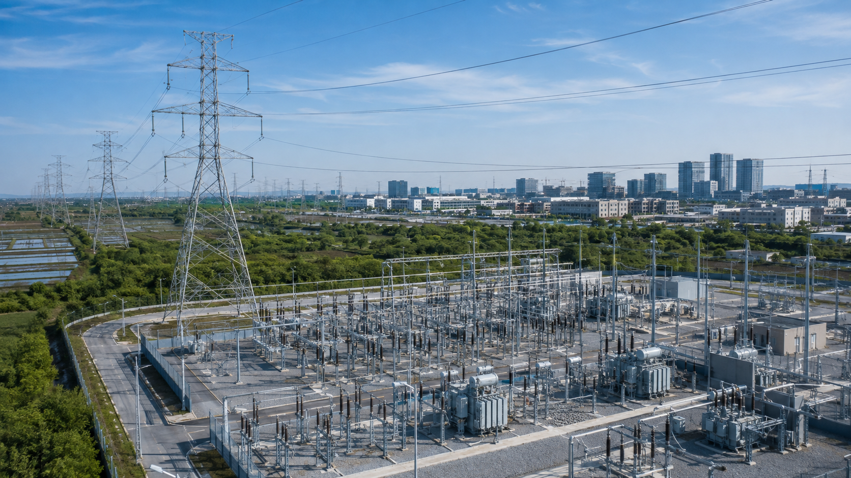 Utility power distribution network with substation transformers and transmission infrastructure