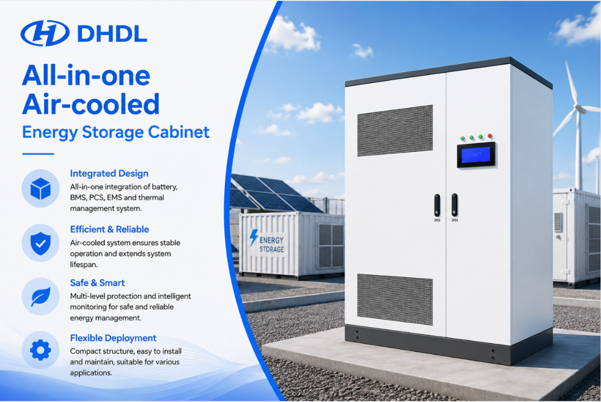 Explore DHDL’s all-in-one air-cooled energy storage cabinet with integrated batteries, BMS, EMS, PCS, safety protection, monitoring, and customizable C&I configurations.